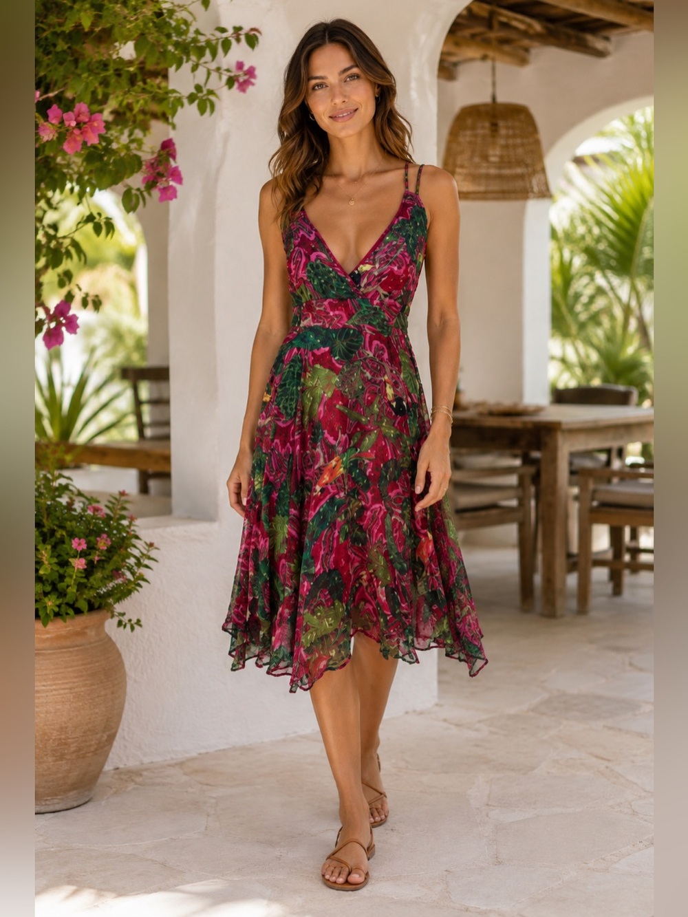 Just Bellina Floral V-Neck Midi Tropical Dress in Fuchsia and Green Small NWT